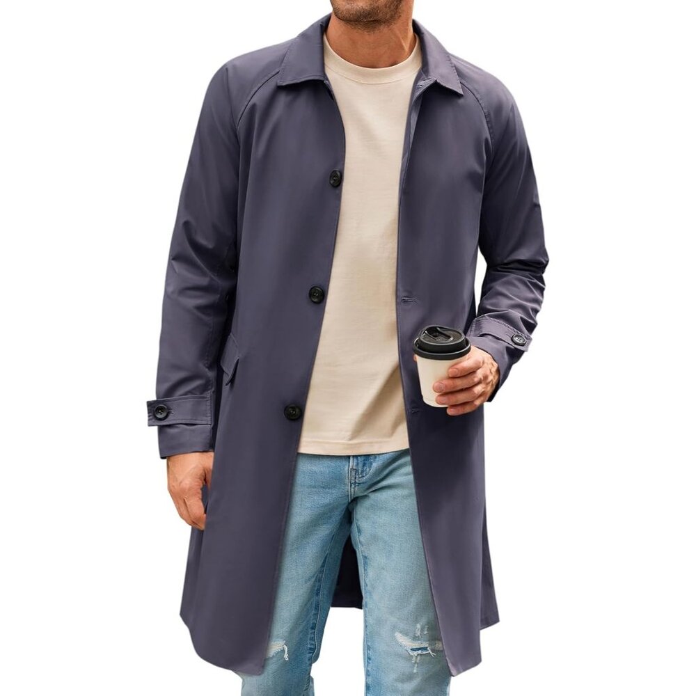 💫 Men Grey Long Trench Coat Slim Fit Single Breasted Windbreaker Casual Jacket